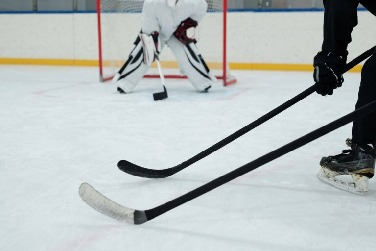 Two hockey players line up in front of a goalie